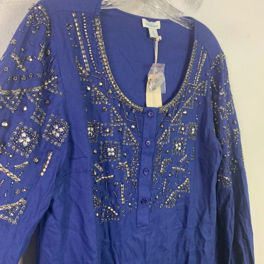 Sundance Beaded Beaded Blouse Size M Blue Long Sleeve Bedazzled - Picture 4 of 7